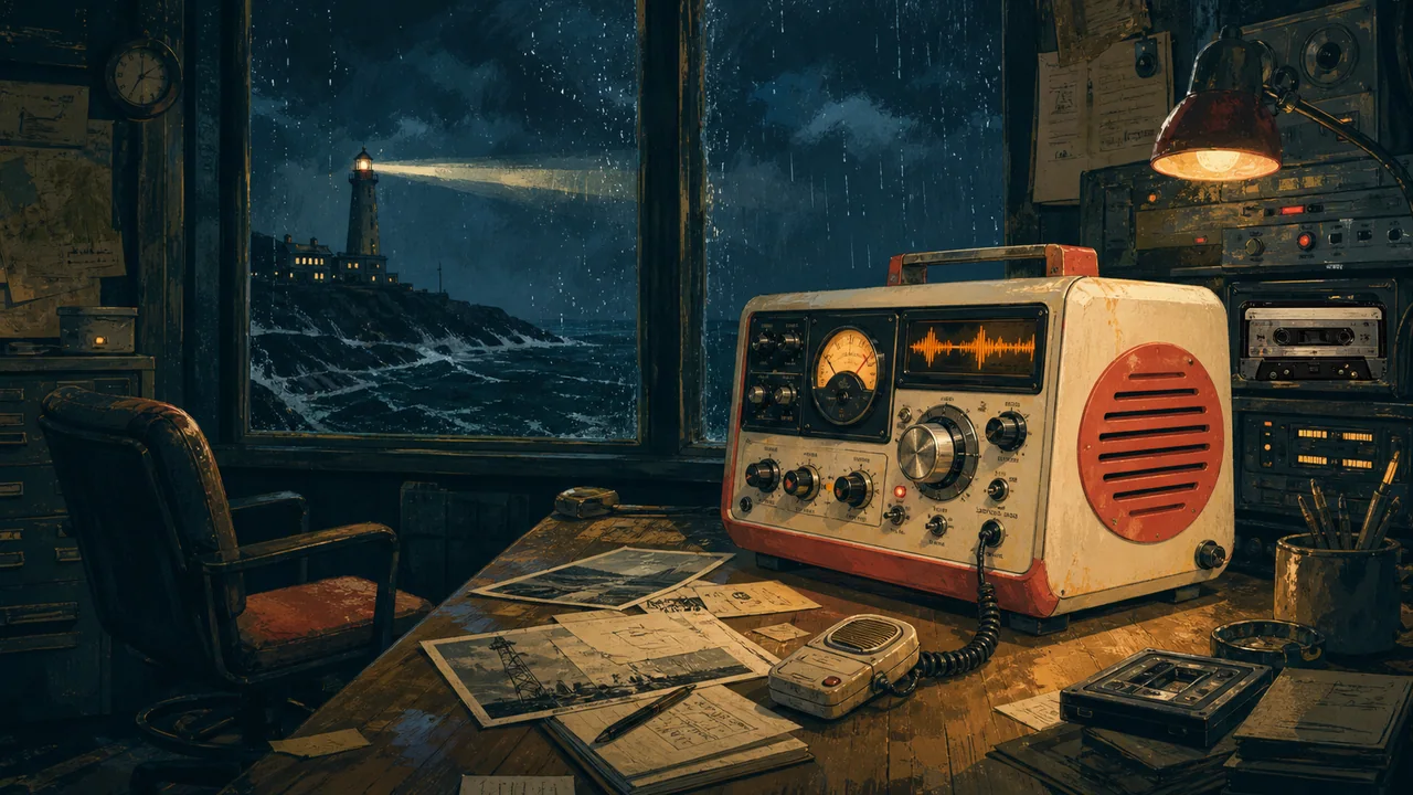 A painted radio room overlooking a stormy lighthouse